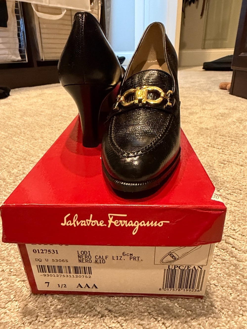 Salvatore Ferragamo lizard-embossed heeled loafer Gold Bit Hardware
